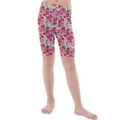 Red Flowers Kids  Mid Length Swim Shorts by DinkovaArt