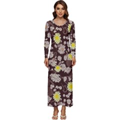 Mid Century Retro Floral 1970s 1960s Pattern 84 Long Sleeve Longline Maxi Dress by violetheavensky