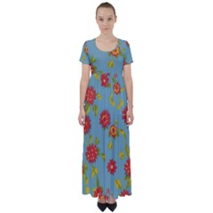 Mid Century Retro Floral 1970s 1960s Pattern 78 High Waist Short Sleeve Maxi Dress by violetheavensky