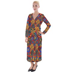 Mid Century Retro Floral 1970s 1960s Pattern 69 Velvet Maxi Wrap Dress by violetheavensky