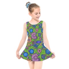 Mid Century Retro Floral 1970s 1960s Pattern 59 Kids  Skater Dress Swimsuit by violetheavensky