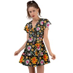Mid Century Retro Floral 1970s 1960s Pattern 57 Flutter Sleeve Wrap Dress by violetheavensky
