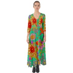 Mid Century Retro Floral 1970s 1960s Pattern 58 Button Up Boho Maxi Dress by violetheavensky