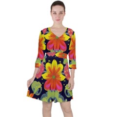 Mid Century Retro Floral 1970s 1960s Pattern 54 Quarter Sleeve Ruffle Waist Dress by violetheavensky