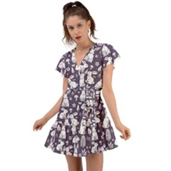 Easter Bunny Pattern Flutter Sleeve Wrap Dress by Valentinaart