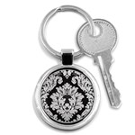 Diamond Bling Glitter on Damask Black Key Chain (Round) Front