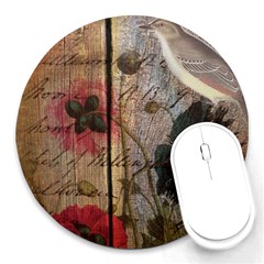 Vintage Bird Poppy Flower Botanical Art 8  Mouse Pad (round) by chicelegantboutique