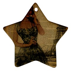 Retro Telephone Lady Vintage Newspaper Print Pin Up Girl Paris Eiffel Tower Star Ornament by chicelegantboutique