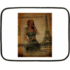 Retro Telephone Lady Vintage Newspaper Print Pin Up Girl Paris Eiffel Tower Mini Fleece Blanket (two Sided) by chicelegantboutique