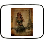 Retro Telephone Lady Vintage Newspaper Print Pin Up Girl Paris Eiffel Tower Mini Fleece Blanket (Two Sided) 35 x27  Blanket Front