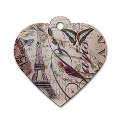 Paris Eiffel Tower Vintage Bird Butterfly French Botanical Art Dog Tag Heart (one Sided)  by chicelegantboutique