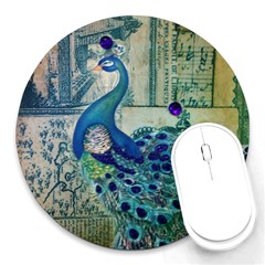 French Scripts Vintage Peacock Floral Paris Decor 8  Mouse Pad (round) by chicelegantboutique