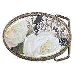 Elegant White Rose Vintage Damask Belt Buckle (Oval) Front