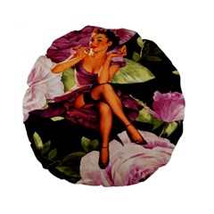 Cute Gil Elvgren Purple Dress Pin Up Girl Pink Rose Floral Art 15  Premium Round Cushion  by chicelegantboutique