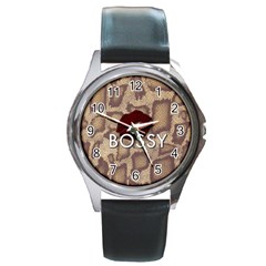 Bossy Snake Texture  Round Leather Watch (silver Rim) by OCDesignss