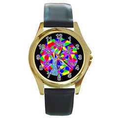 Star Seeker Round Leather Watch (gold Rim)  by icarusismartdesigns