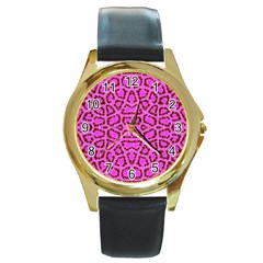 Florescent Pink Animal Print  Round Leather Watch (gold Rim)  by OCDesignss