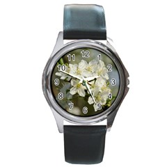 Spring Flowers Round Leather Watch (silver Rim) by anstey