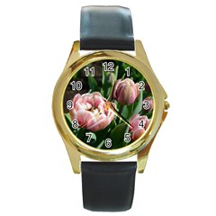 Tulips Round Leather Watch (gold Rim)  by anstey