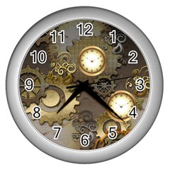 Steampunk, Golden Design With Clocks And Gears Wall Clocks (silver)  by FantasyWorld7