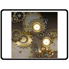 Steampunk, Golden Design With Clocks And Gears Fleece Blanket (large)  by FantasyWorld7