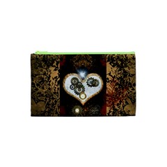 Steampunk, Awesome Heart With Clocks And Gears Cosmetic Bag (xs) by FantasyWorld7