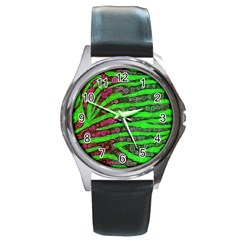 Florescent Green Zebra Print Abstract  Round Metal Watches by OCDesignss