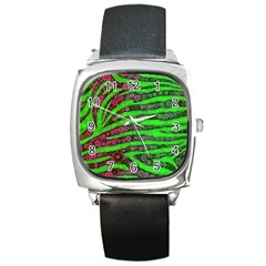 Florescent Green Zebra Print Abstract  Square Metal Watches by OCDesignss