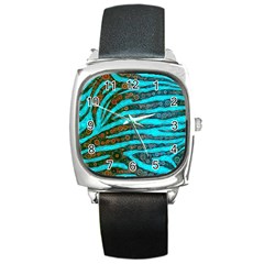 Turquoise Blue Zebra Abstract  Square Metal Watches by OCDesignss