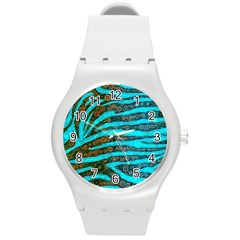 Turquoise Blue Zebra Abstract  Round Plastic Sport Watch (m) by OCDesignss