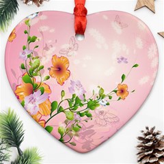 Beautiful Flowers On Soft Pink Background Heart Ornament (2 Sides) by FantasyWorld7