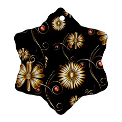 Golden Flowers On Black Background Snowflake Ornament (2-side) by FantasyWorld7