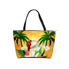 Cute Parrot With Flowers And Palm Shoulder Handbags by FantasyWorld7