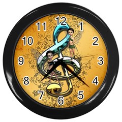 Music, Clef With Fairy And Floral Elements Wall Clocks (black) by FantasyWorld7