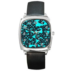 Teal On Black Funky Fractal Square Metal Watches by KirstenStar