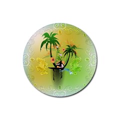 Surfing, Surfboarder With Palm And Flowers And Decorative Floral Elements Rubber Coaster (round)  by FantasyWorld7