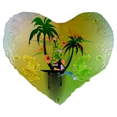 Surfing, Surfboarder With Palm And Flowers And Decorative Floral Elements Large 19  Premium Flano Heart Shape Cushions by FantasyWorld7