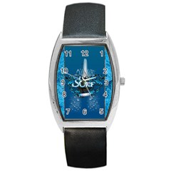 Surf, Surfboard With Water Drops On Blue Background Barrel Metal Watches by FantasyWorld7