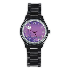 Abstract Tropical Birds Purple Sunset Stainless Steel Round Watch by WaltCurleeArt