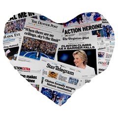 Hillary 2016 Historic Newspaper Collage Large 19  Premium Flano Heart Shape Cushions by blueamerica