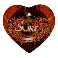 Surfing, Surfboard With Floral Elements  And Grunge In Red, Black Colors Ornament (heart)  by FantasyWorld7