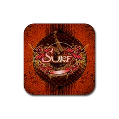 Surfing, Surfboard With Floral Elements  And Grunge In Red, Black Colors Rubber Coaster (square)  by FantasyWorld7