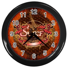 Surfing, Surfboard With Floral Elements  And Grunge In Red, Black Colors Wall Clocks (black) by FantasyWorld7