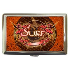 Surfing, Surfboard With Floral Elements  And Grunge In Red, Black Colors Cigarette Money Cases by FantasyWorld7