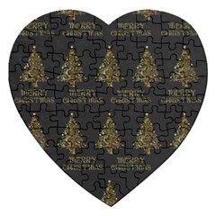 Merry Christmas Tree Typography Black And Gold Festive Jigsaw Puzzle (heart) by yoursparklingshop