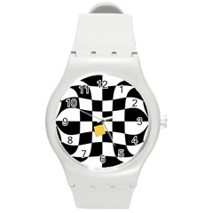 Dropout Yellow Black And White Distorted Check Round Plastic Sport Watch (m) by designworld65