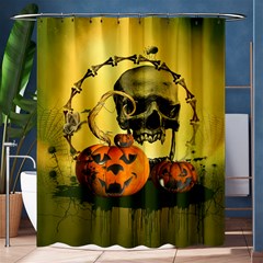 Halloween, Funny Pumpkins And Skull With Spider Shower Curtain 60  X 72  (medium)  by FantasyWorld7