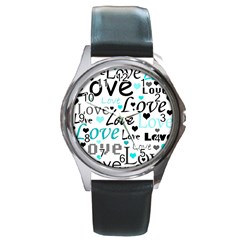 Love Pattern - Cyan Round Metal Watch by Valentinaart