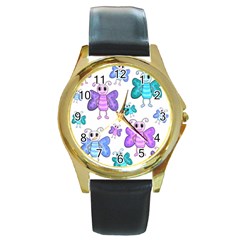 Cute Butterflies Pattern Round Gold Metal Watch by Valentinaart