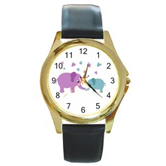 Elephant Love Round Gold Metal Watch by Valentinaart